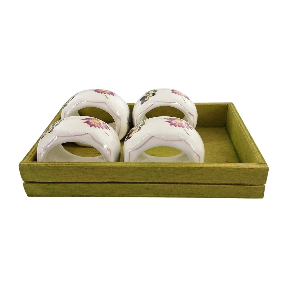 Vintage 1986 Pia Bone China Napkin Rings Set of 4 Floral with Display Tray
